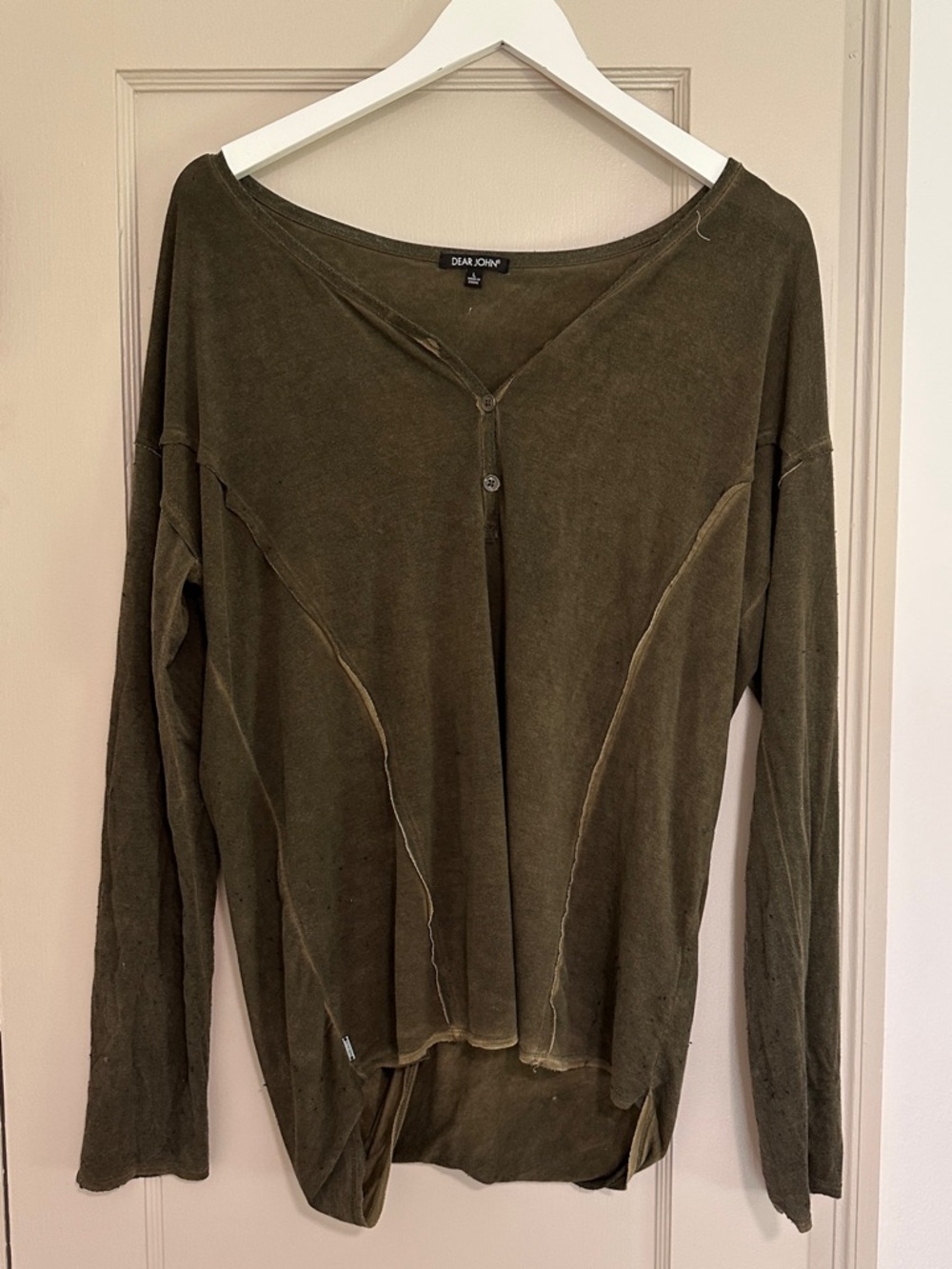 Dear John Olive Green Button-Front Long Sleeve Top